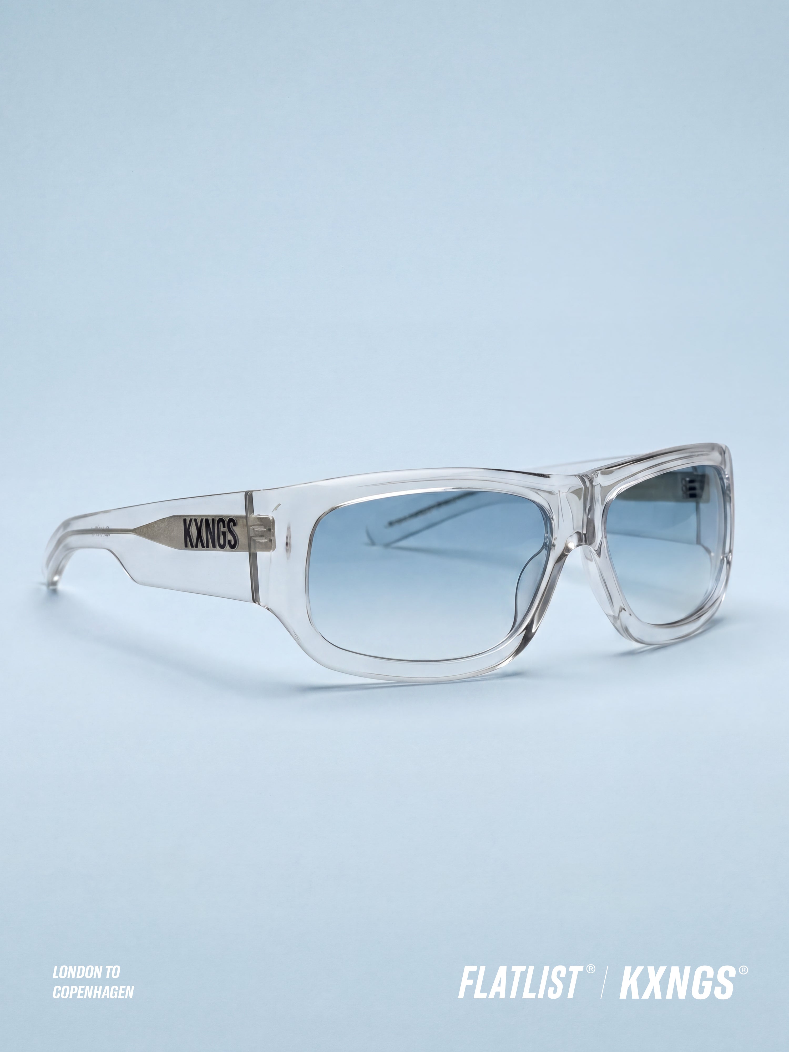 KX-01 clear crystal eyewear, light blue gradient lens - side profile