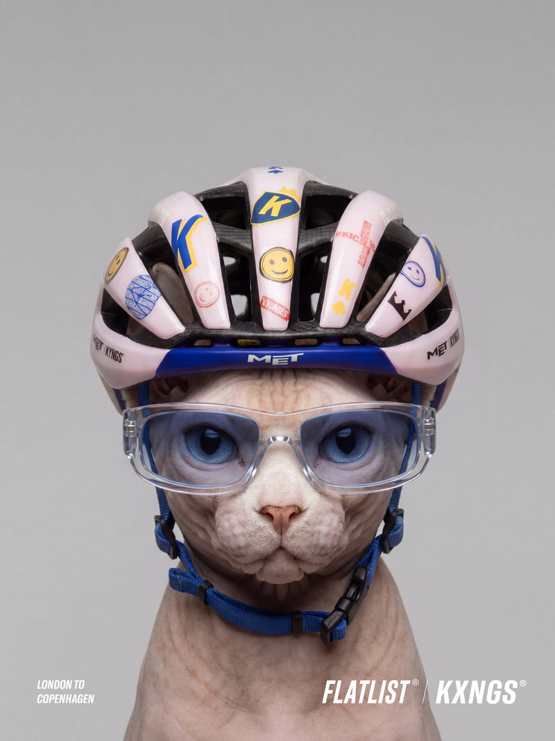 Rider head-on in KXNGS x MET 02 helmet and KXNGS x FLATLIST KX-01 clear crystal eyewear