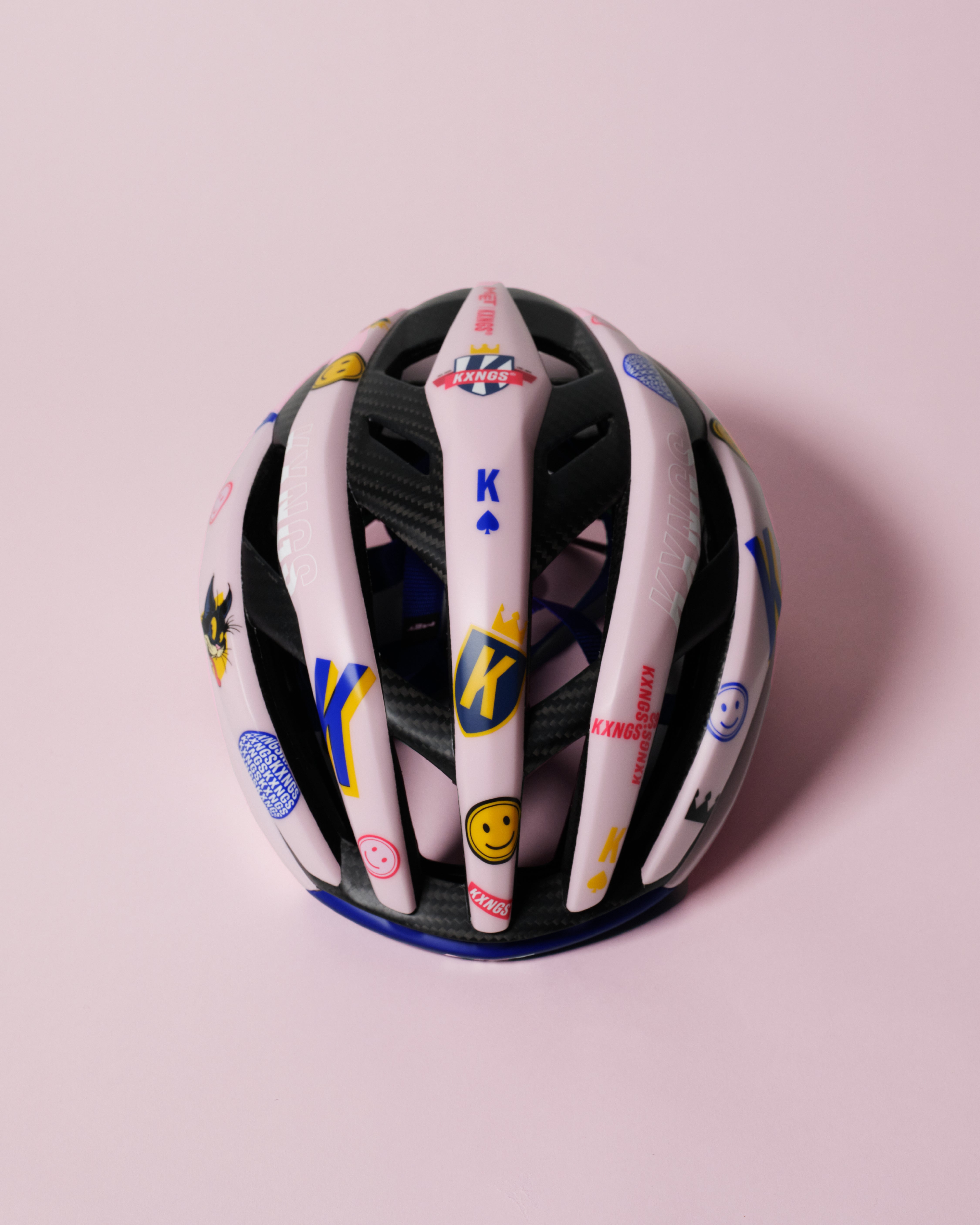 KXNGS x MET 02 helmet - from above, showing vent and graphics detail